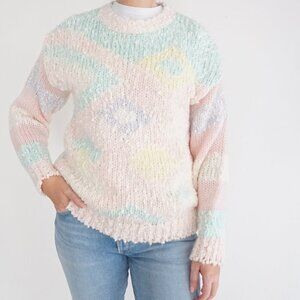 Vintage '90S Gad-Abouls Knit By Hand Pink Teal Crewneck Sweater M